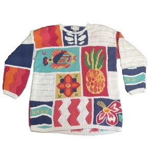 Talbots Hand Knit Patchwork Spring Pullover Sweater Fish Pineapple Women’s Small